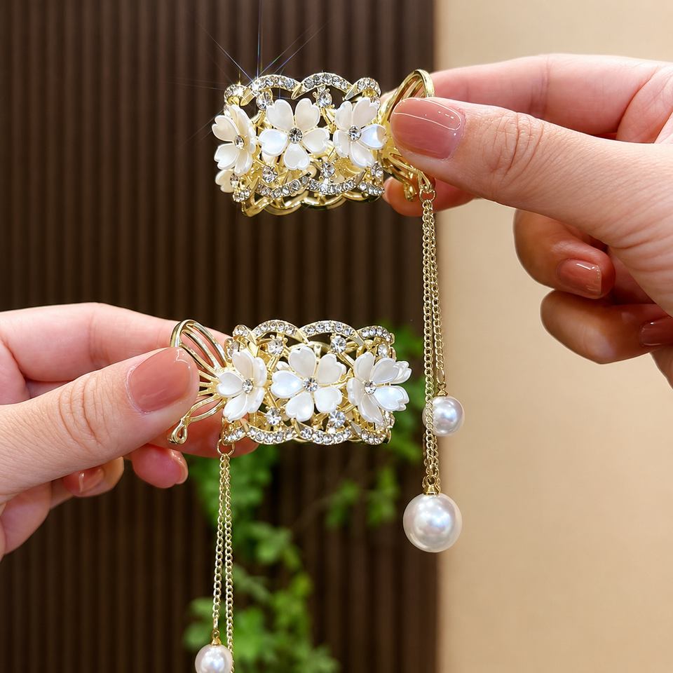 Luxury Flower Rhinestone Tassel Hair Clip