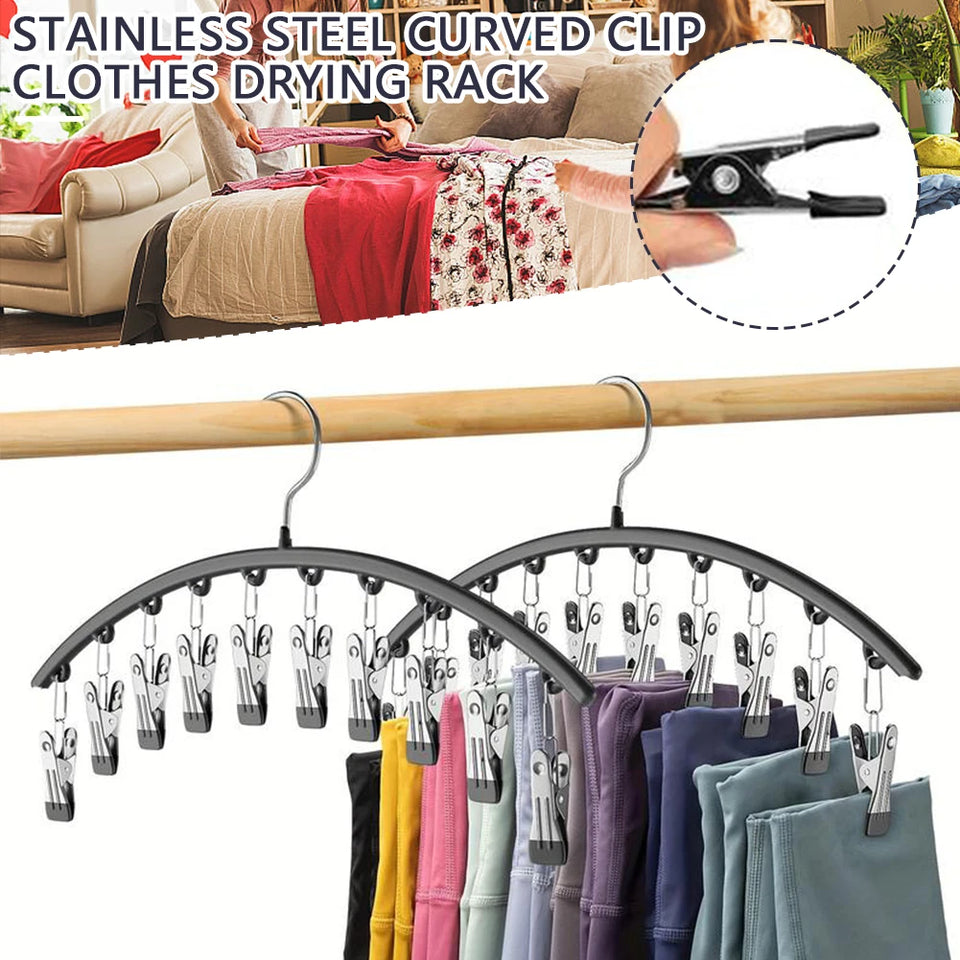10 Clips Stainless Steel Curved Clothes Drying Hanger