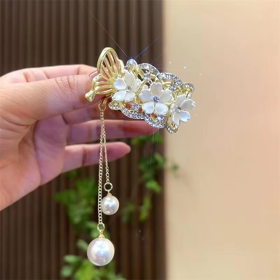 Luxury Flower Rhinestone Tassel Hair Clip