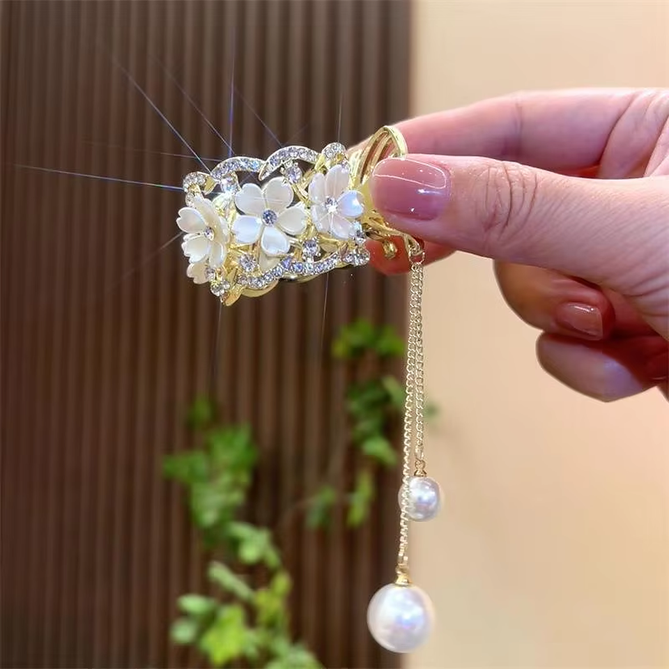 Luxury Flower Rhinestone Tassel Hair Clip